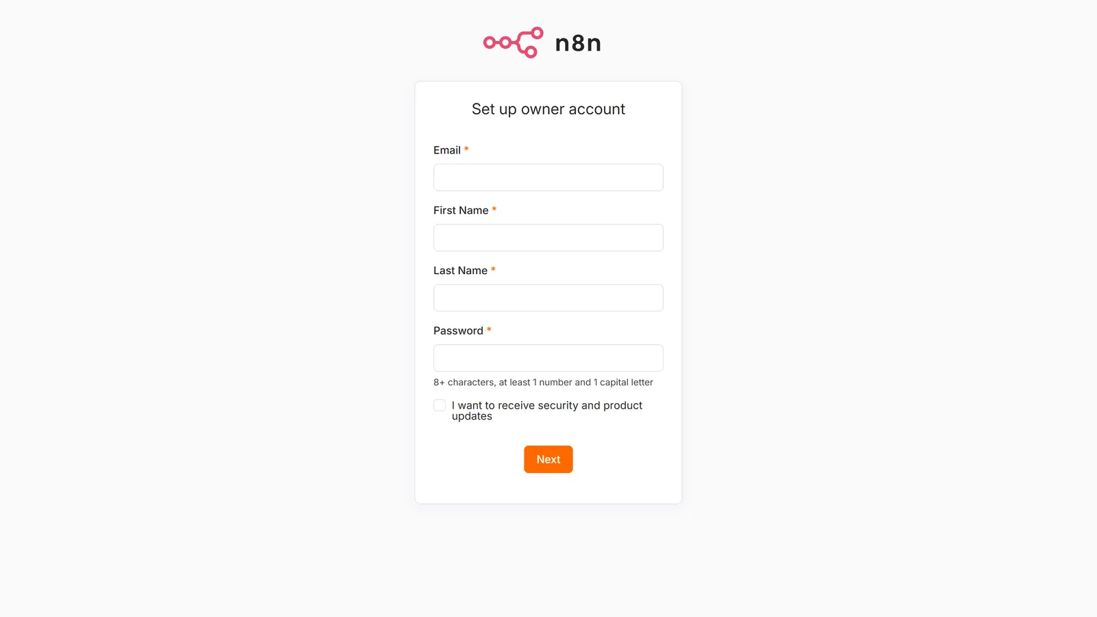 n8n Set up owner account screen with empty Email, First Name, Last Name and Password fields, served on localhost:5678