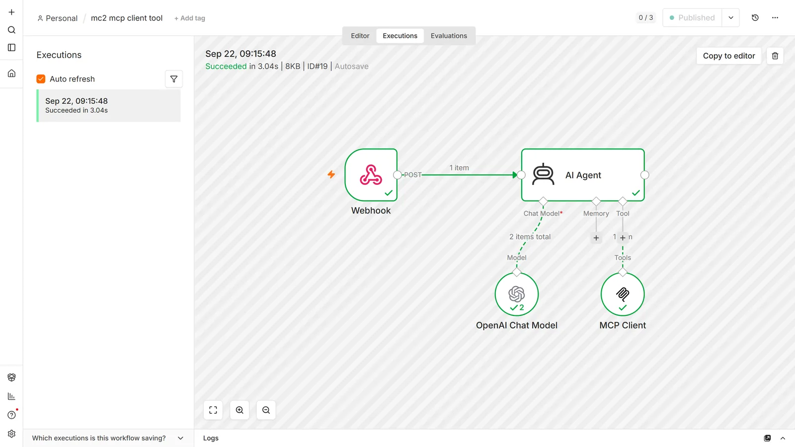 n8n execution view: a Webhook into an AI Agent, with an OpenAI Chat Model on the Chat Model connector and an MCP Client node on the Tool connector, all showing success ticks
