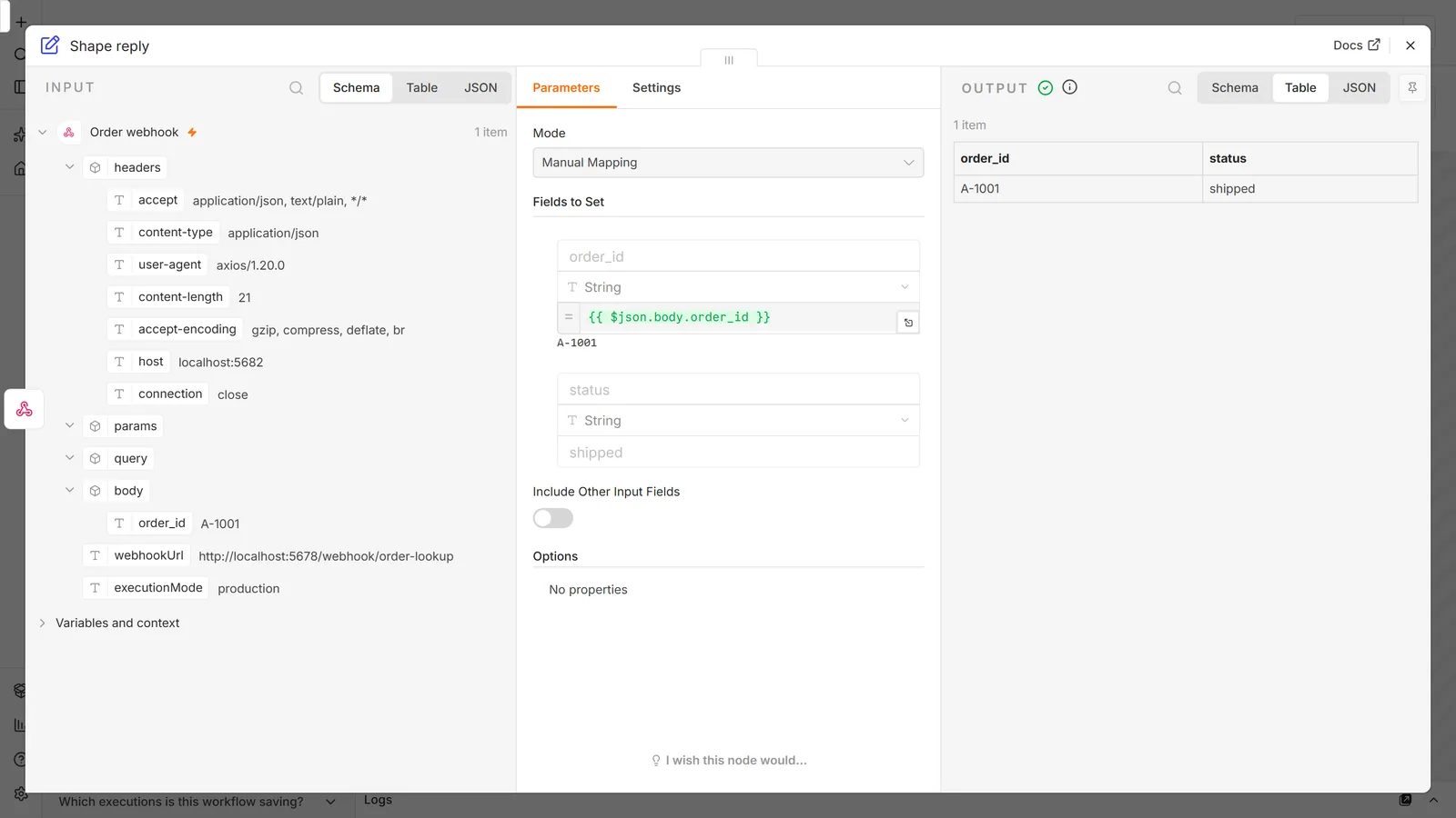 n8n execution view of a workflow built over MCP with the Shape reply node open: the webhook input shows user-agent axios/1.20.0 and a body with order_id A-1001, and the output table shows order_id A-1001 and status shipped