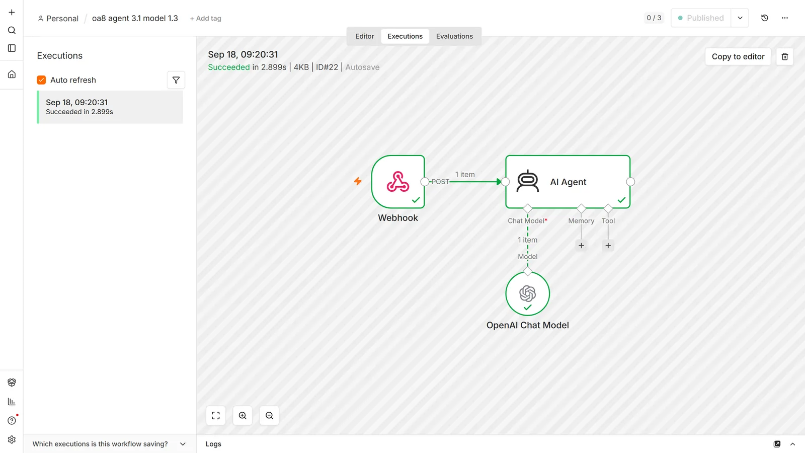 n8n execution view: Webhook into an AI Agent node, with an OpenAI Chat Model sub-node attached to its Chat Model connector underneath, and empty Memory and Tool connectors