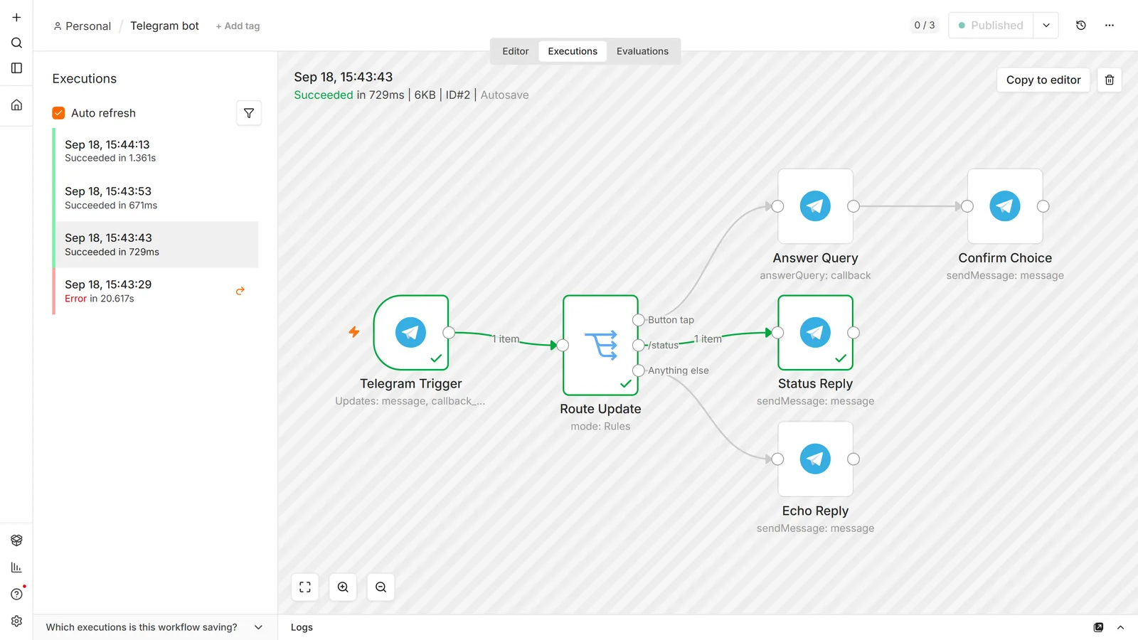 n8n execution view of the published Telegram bot workflow: Telegram Trigger into a Switch node Route Update, with the /status branch highlighted green through Status Reply; the executions list shows three successful runs and one error