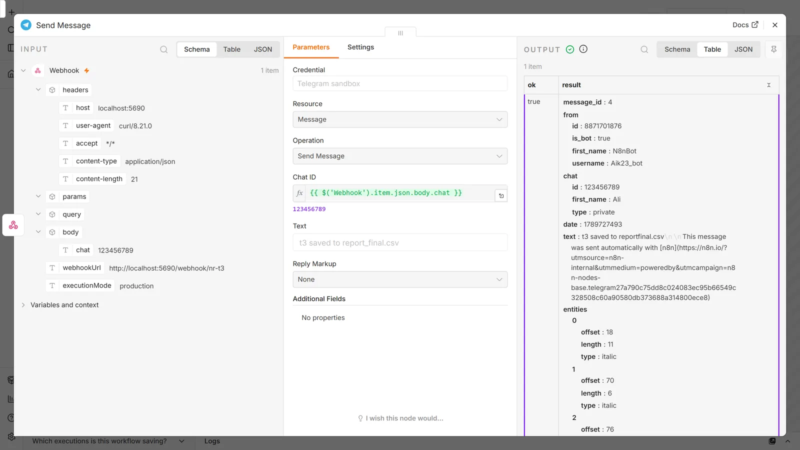 n8n Send Message node panel: the Text parameter is t3 saved to report_final.csv, Additional Fields shows No properties, and the output from Telegram shows the text as t3 saved to reportfinal.csv with italic entities