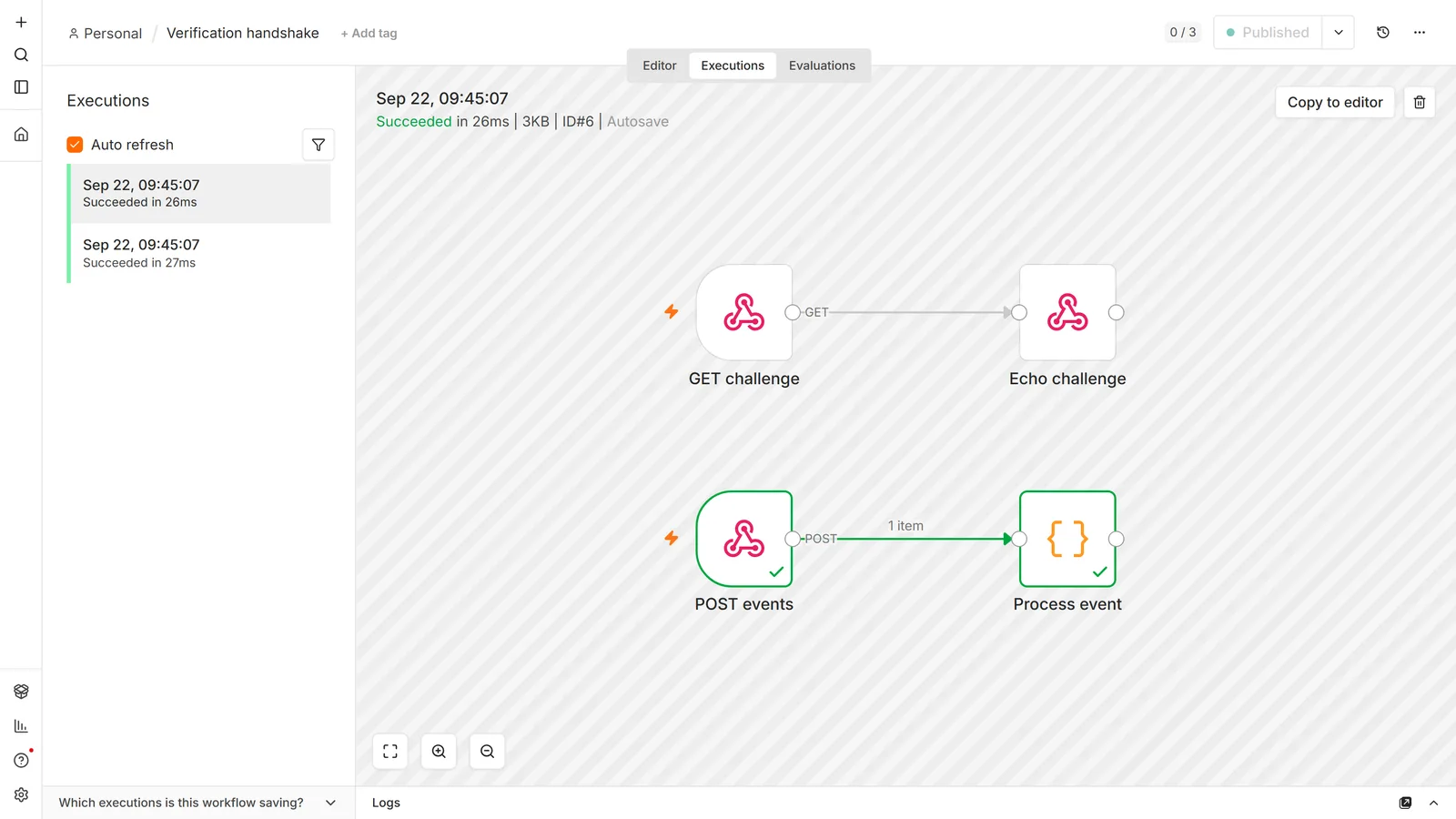n8n execution view of one workflow containing two Webhook triggers on the same path: a GET challenge trigger feeding an Echo challenge Respond node, and a POST events trigger feeding a Process event Code node