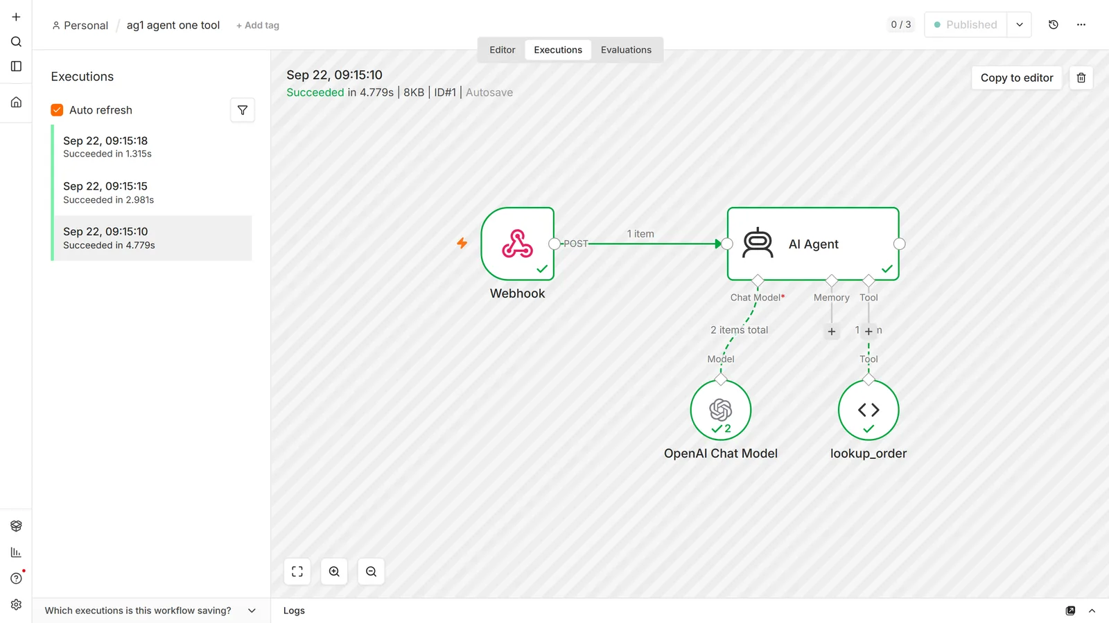 n8n execution view of a published workflow: a Webhook passing one item into an AI Agent node, with an OpenAI Chat Model on the Chat Model connector showing a tick and the number 2, an empty Memory connector, and a Code Tool named lookup_order on the Tool connector showing a tick