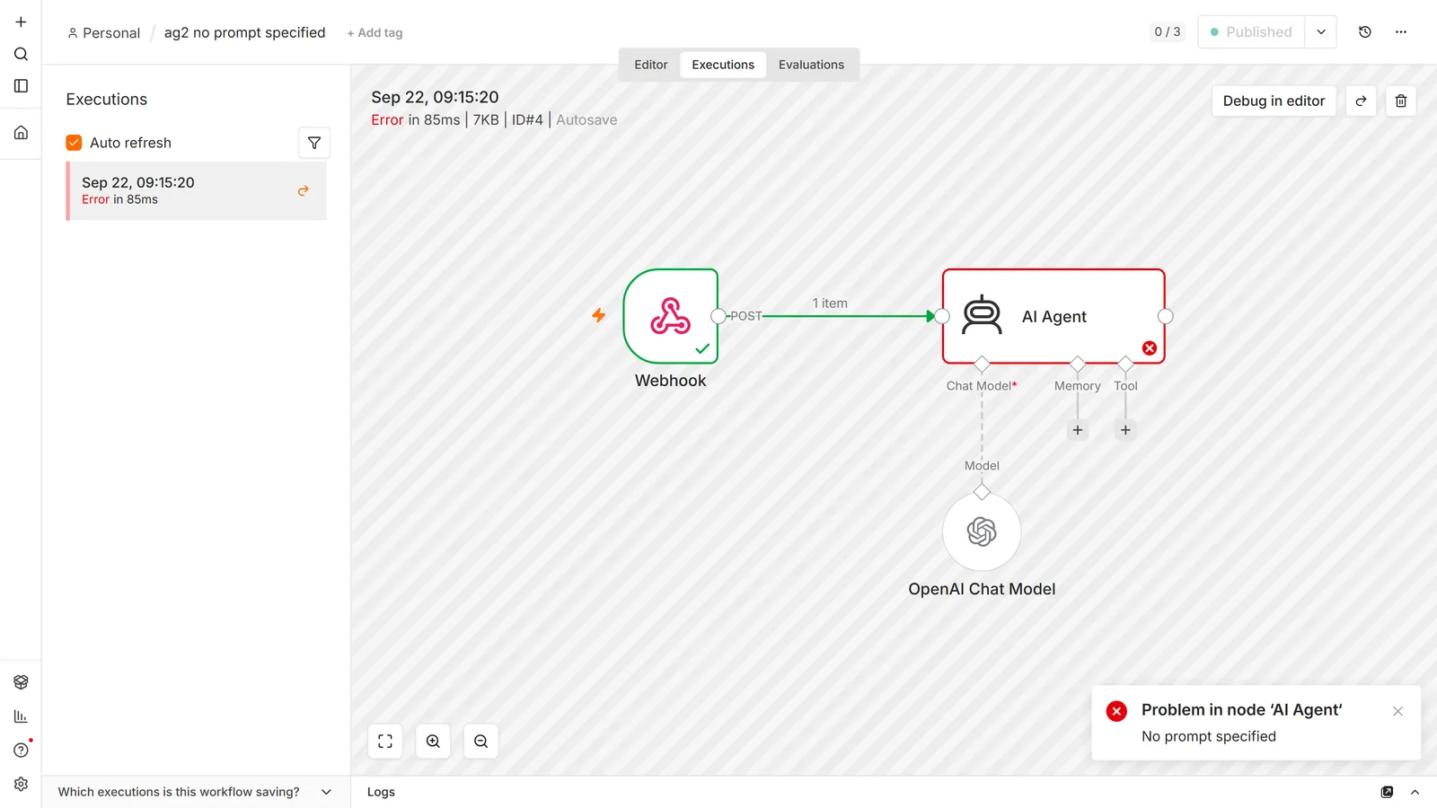 n8n execution view: a Webhook feeding an AI Agent node outlined in red with an error badge, and a toast reading Problem in node AI Agent, No prompt specified