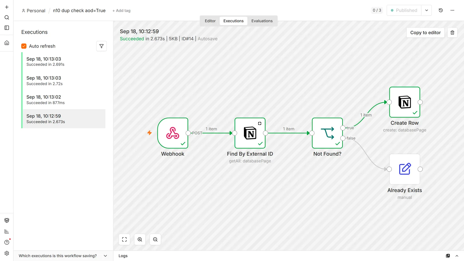n8n execution view: Webhook into a Notion node Find By External ID with Always Output Data on, an If node Not Found?, with true going to a Notion Create Row node and false to a Set node Already Exists