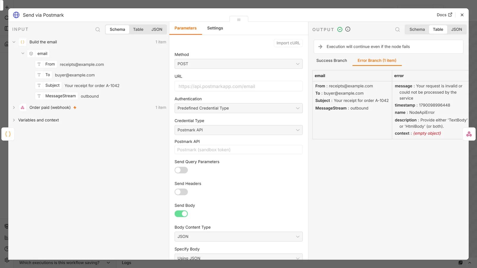n8n node detail view showing the Error Branch tab with one item containing message, timestamp, name NodeApiError, description and an empty context object, with no ErrorCode and no status code