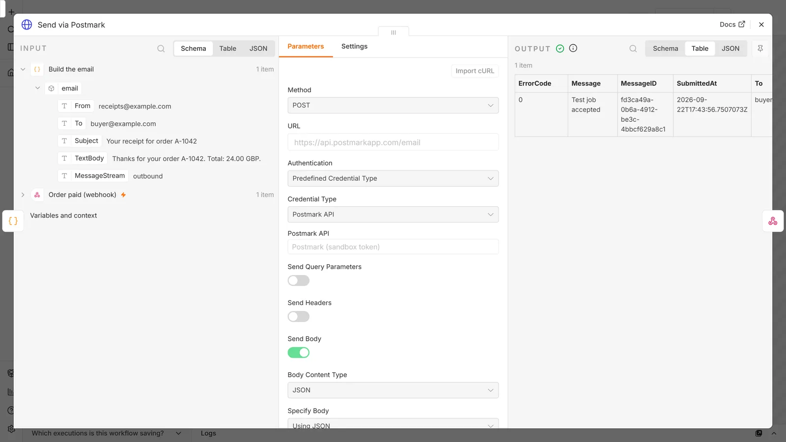 n8n node detail view for an HTTP Request node named Send via Postmark, showing Authentication set to Predefined Credential Type and Credential Type set to Postmark API, with an output table containing ErrorCode 0, Message Test job accepted, and a MessageID