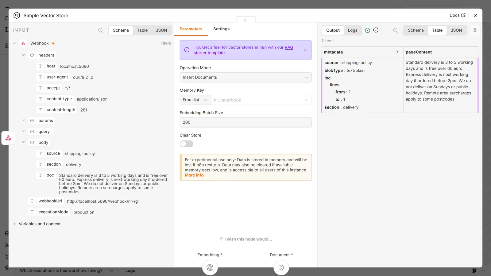 n8n node detail view of a Simple Vector Store in Insert Documents mode: the input panel shows the posted source, section and doc fields, and the output panel shows one chunk with metadata source shipping-policy and section delivery beside its pageContent