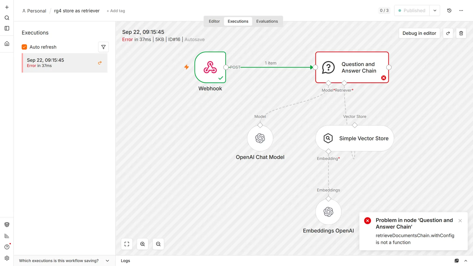 n8n execution view showing a failed run: a Question and Answer Chain outlined in red with Model and Retriever connectors, a Simple Vector Store wired into the Retriever connector, and an error toast reading retrieveDocumentsChain.withConfig is not a function