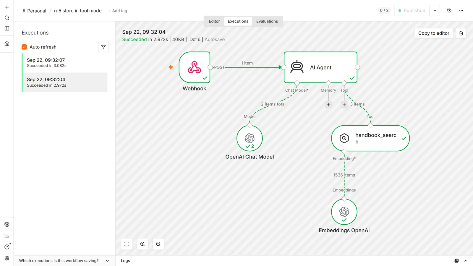 n8n execution view: a Webhook into an AI Agent, with an OpenAI Chat Model showing two calls on the Chat Model connector and a vector store node named handbook_search on the Tool connector, with Embeddings OpenAI beneath it showing 1536 items