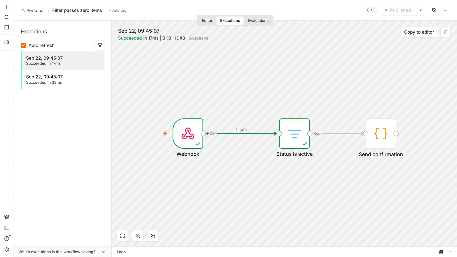 n8n execution view: a Webhook set to respond when the last node finishes, feeding a Filter named Status is active, with a Send confirmation Code node after it