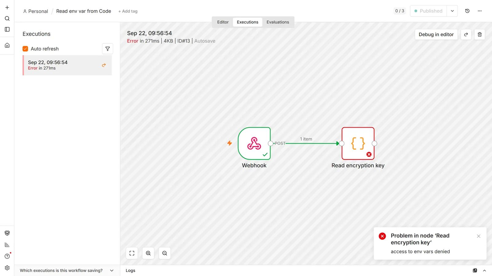 n8n execution view of a failed run: a Webhook feeding a Code node named Read encryption key, outlined in red, with an error toast reading access to env vars denied